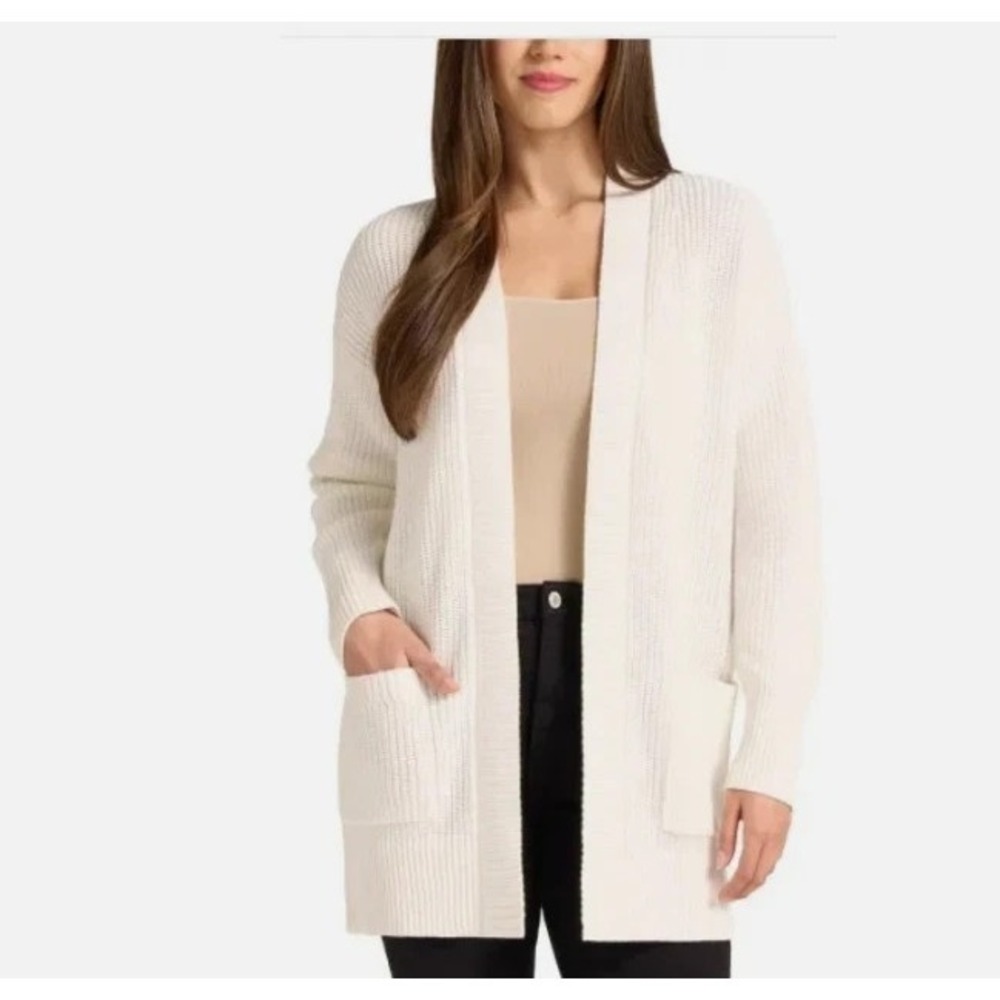 Max & Mia Womens Open Front Cardigan Ivory Ribbed Knit Cotton Sweater Medium
